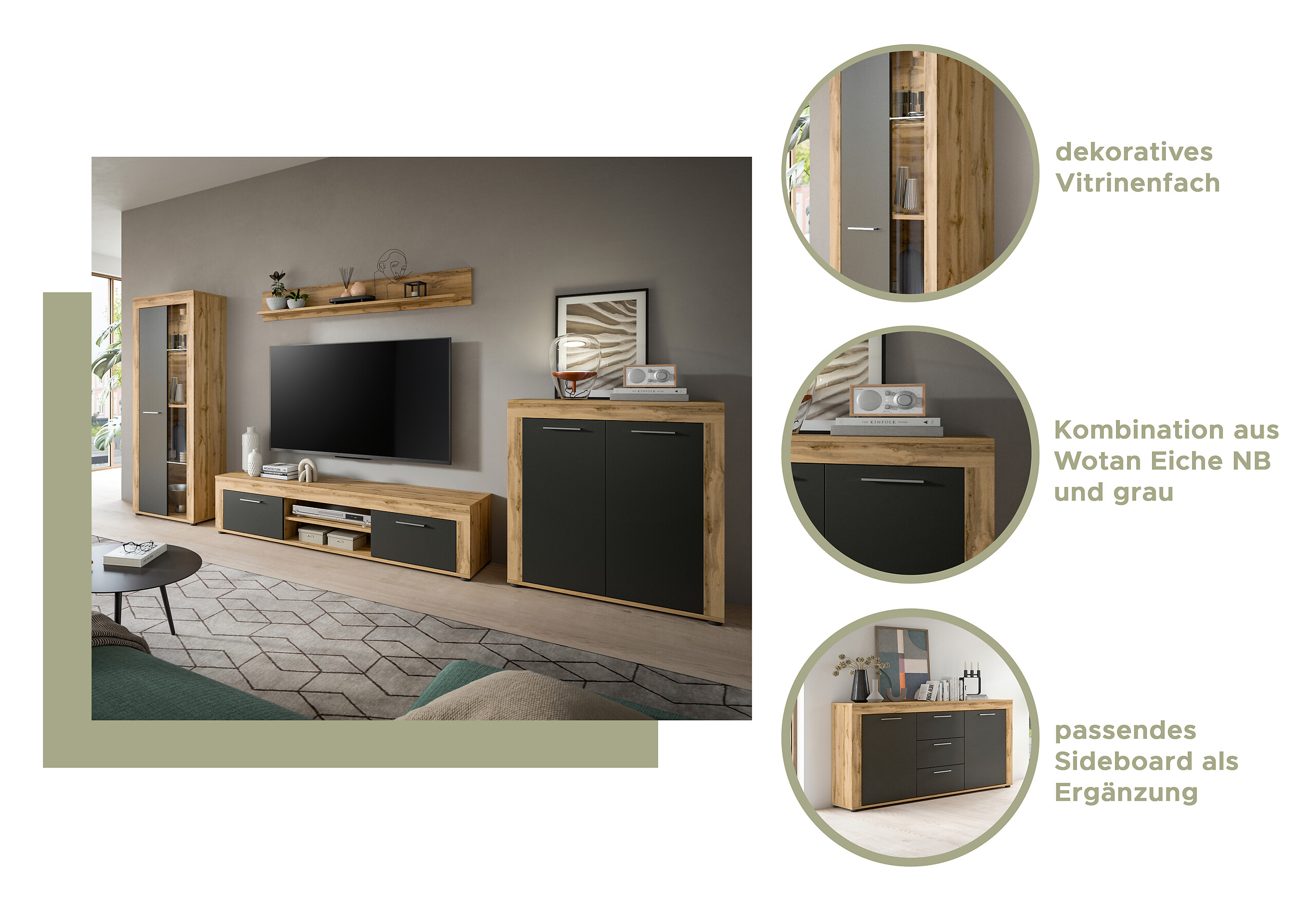 Vitrine Jam Eiche Wotan Nachbildung grau B/H/T: ca. 60x86x35 cm