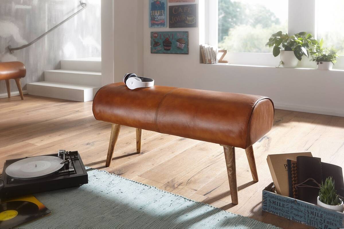 Wohnling Sitzbank natur braun Echtholz Leder