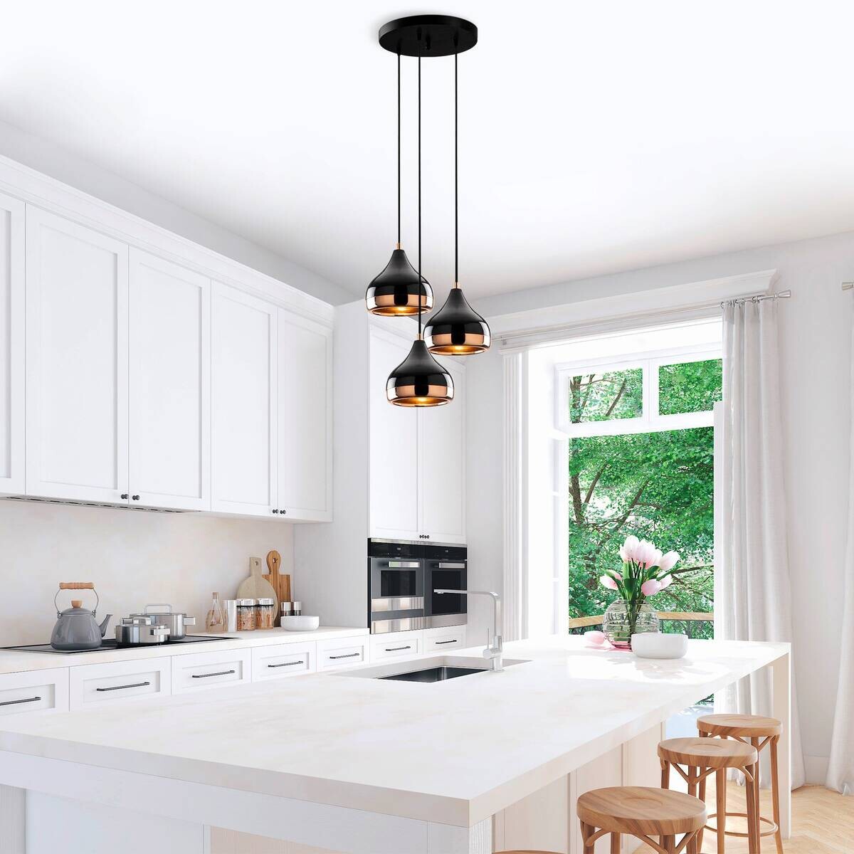 Opviq Pendelleuchte Yildo Kupfer schwarz Metall B/H/T/L/D: ca. 37x111x37x37x37 cm E27 3 Brennstellen