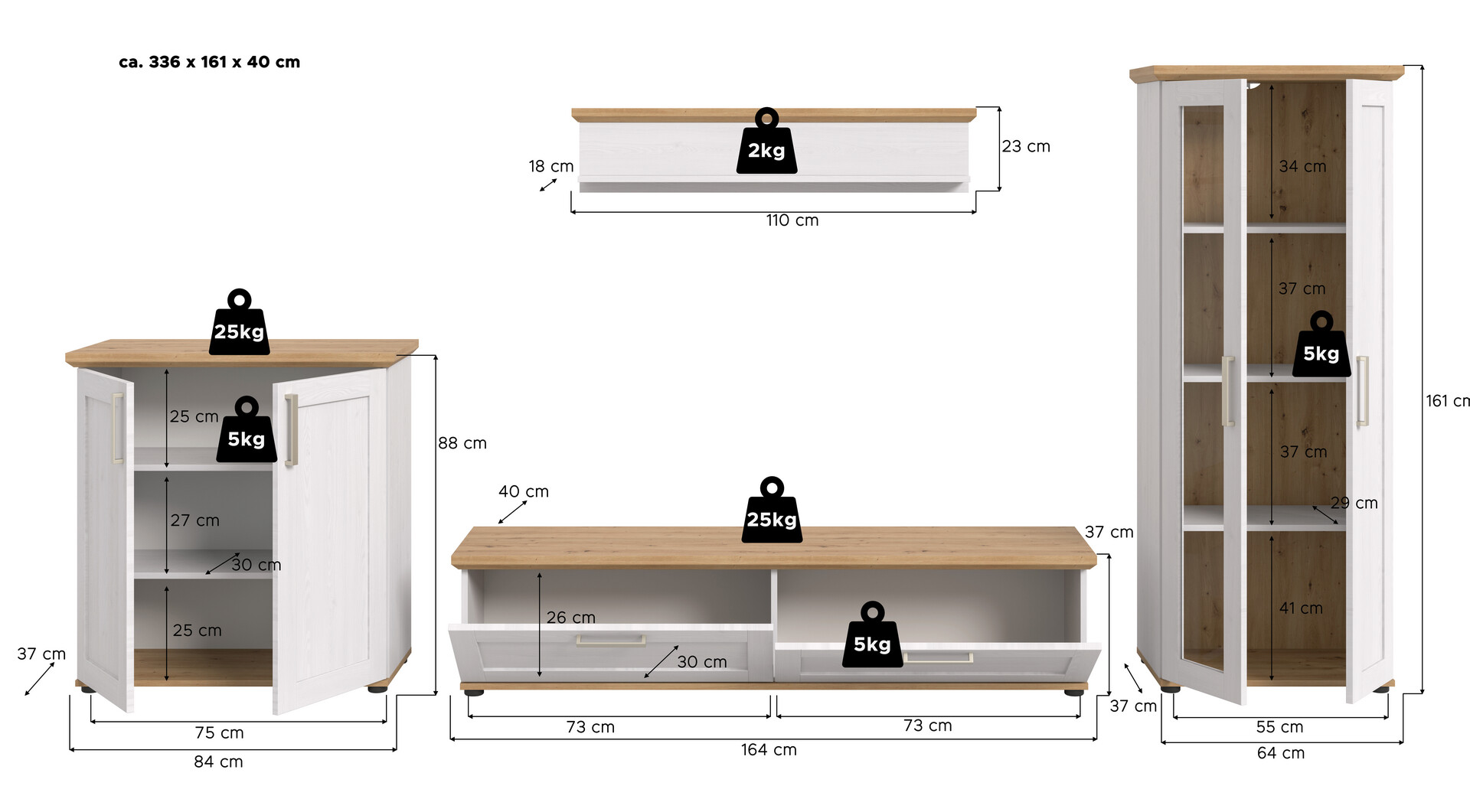 Wohnwand VERONA Lärche Nachbildung Eiche Nachbildung B/H/T: ca. 336x161x40 cm
