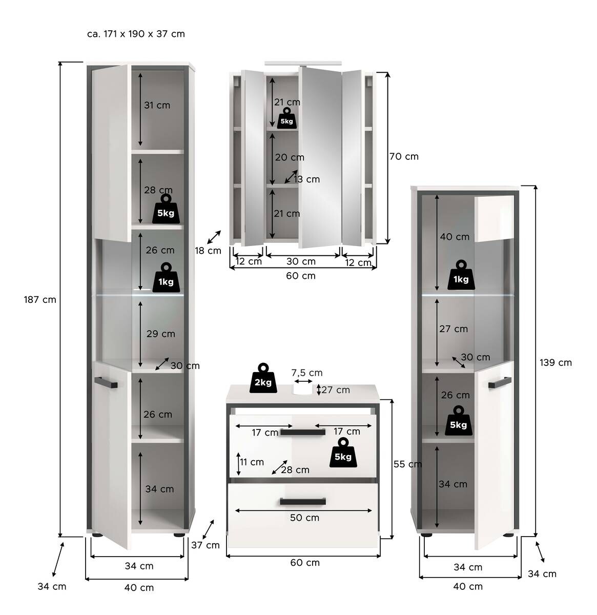 Badblock KOJAK weiß Hochglanz anthrazit grau B/H/T: ca. 171x188x37 cm
