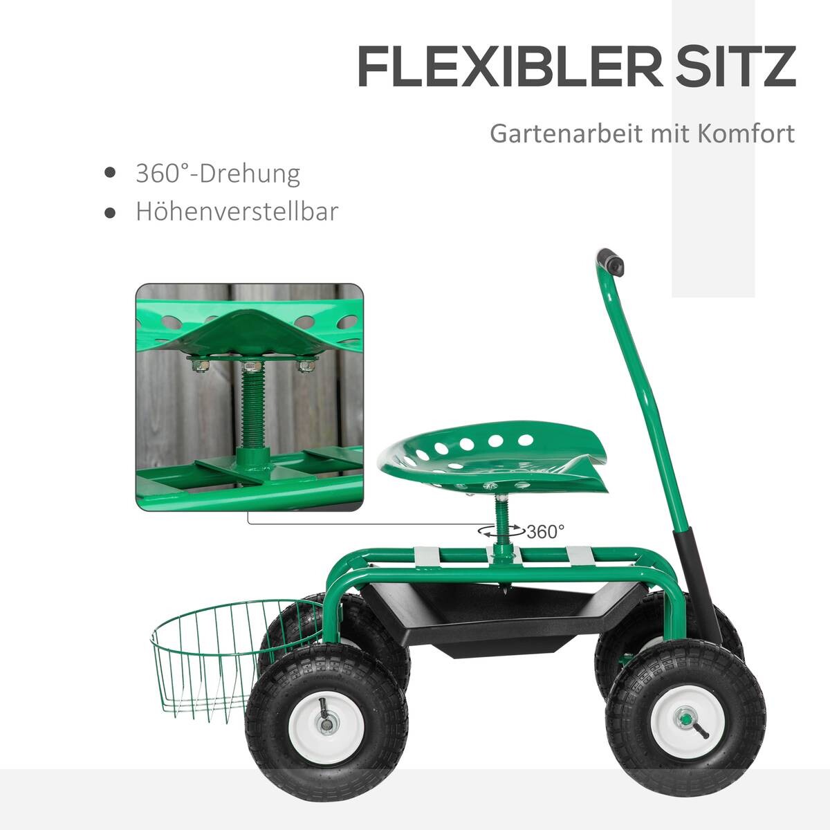 Outsunny Fahrbarer Gartensitz grün Gummi B/H/L: ca. 44,5x59x81 cm