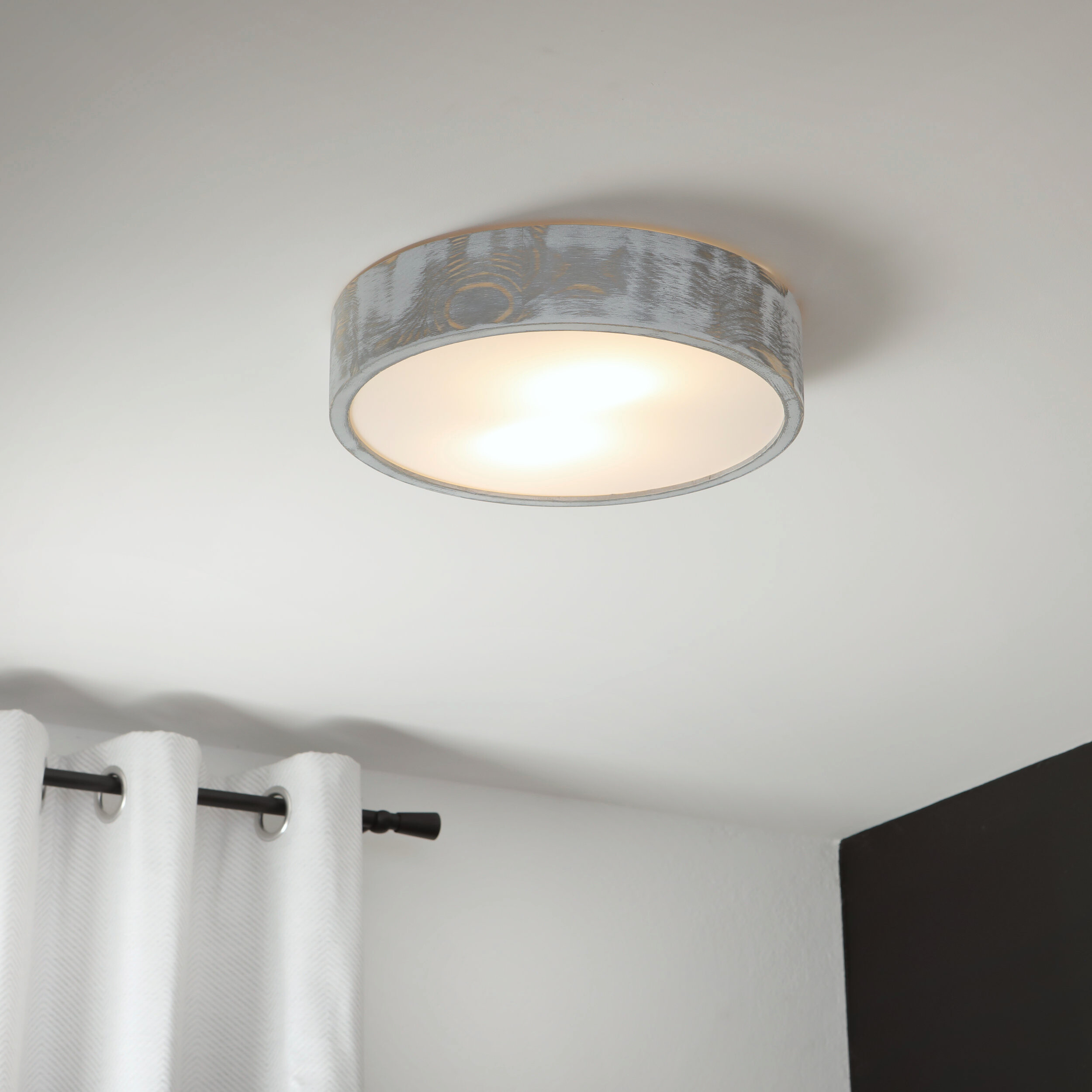 Lamkur Deckenleuchte hellbraun weiß Glas Holz B/H/L: ca. 38,5x12x38,5 cm 3 Brennstellen