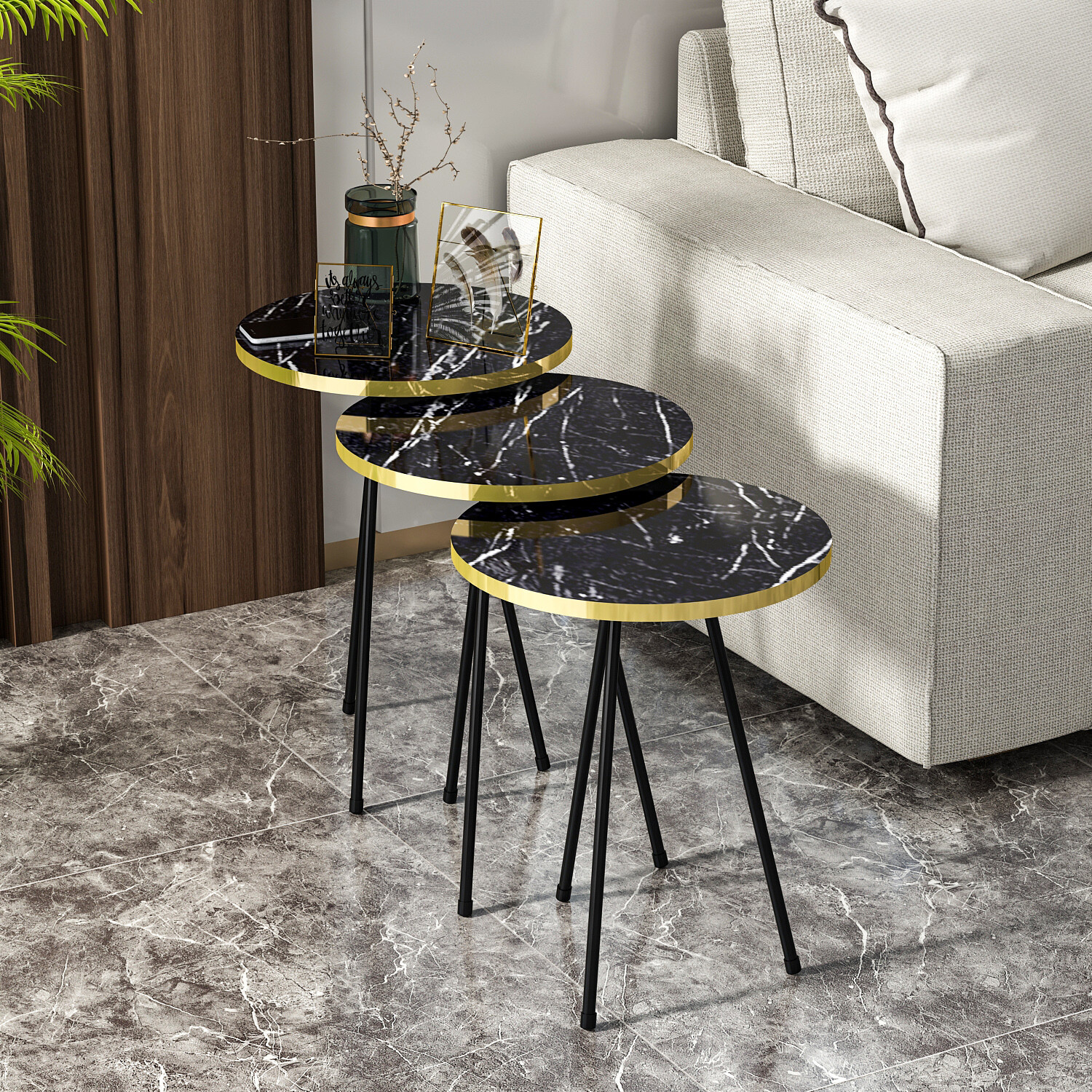 Beistelltisch 3er-Set. 21776160 schwarz Marmoroptik B/H/T: ca. 38x53,5x38 cm