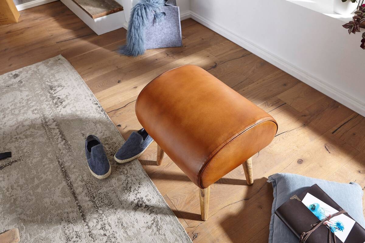 Wohnling Sitzhocker braun natur Leder Echtholz B/H/T: ca. 45x53x40 cm