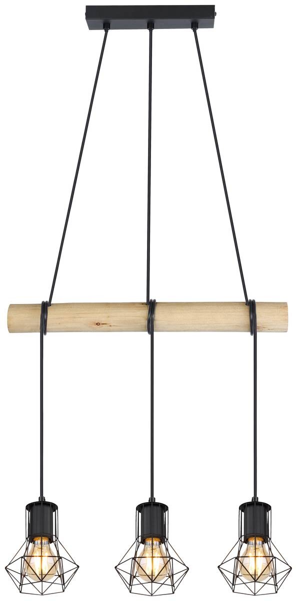POCOline Pendelleuchte Minetta schwarz natur Metall Holz B/H/T: ca. 50x140x13 cm E27 3 Brennstellen