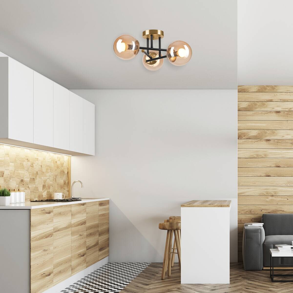 Lamkur Pendelleuchte Malena schwarz gold Glas Holz Kunststoff H/L: ca. 19x39 cm E27 3 Brennstellen