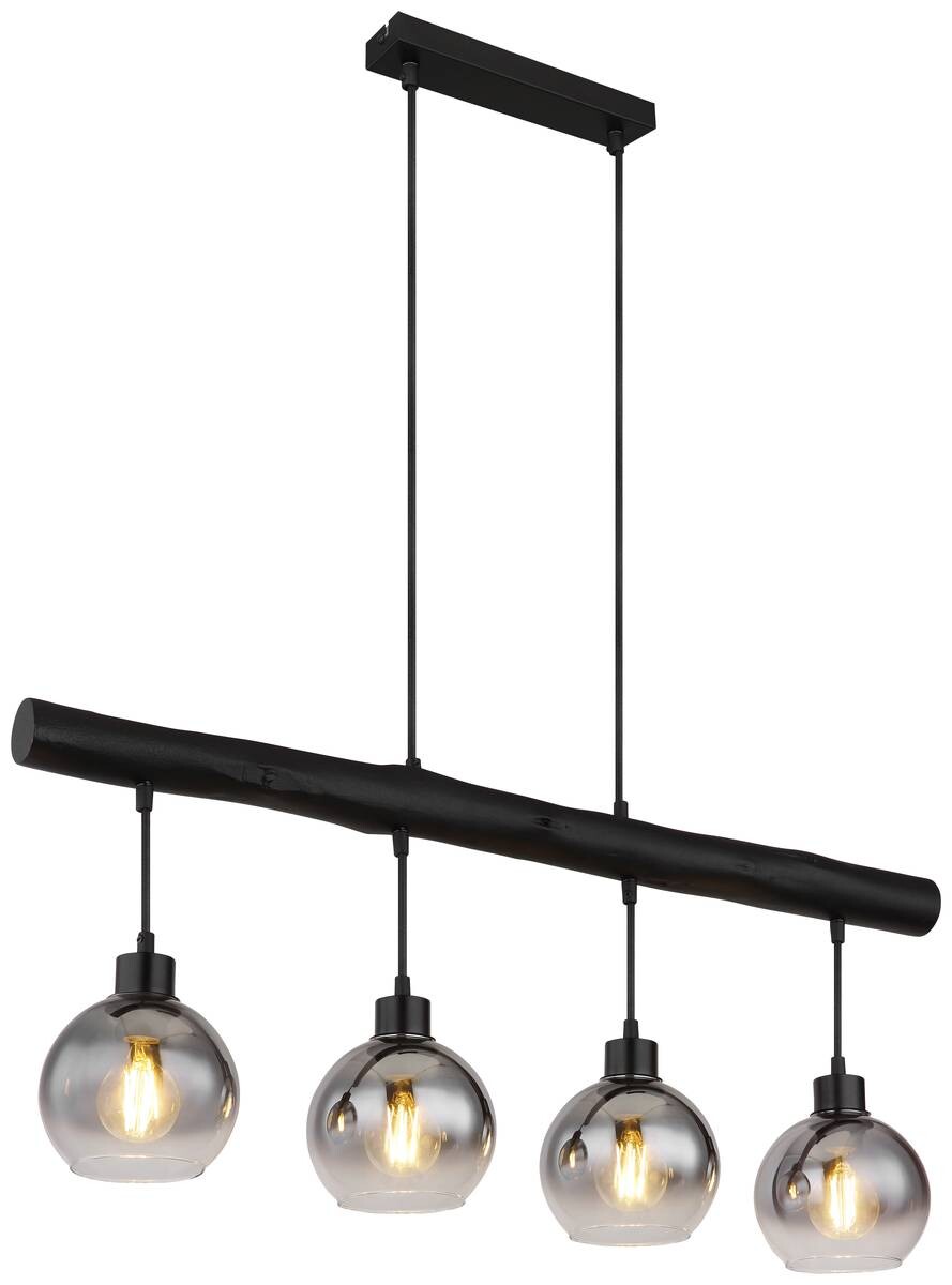 GLOBO Pendelleuchte 15656-4HB schwarz klar Rauch Metall Glas Holz B/H/L: ca. 15x120x85 cm E27 1 Brennstellen