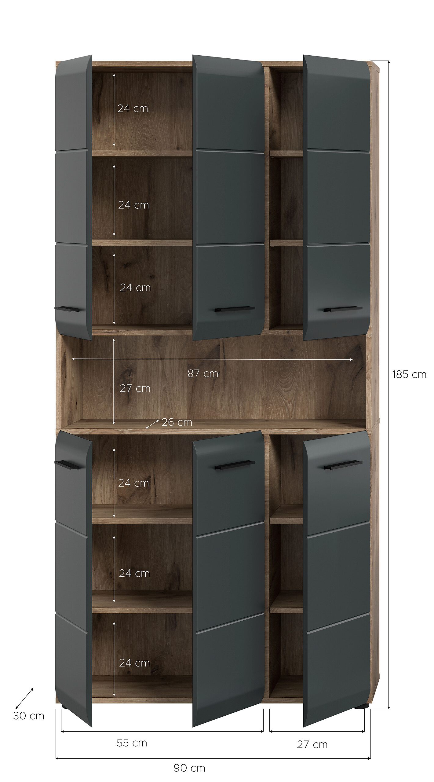Mehrzweckschrank Ice Nox Oak Nachbildung schwarz matt B/H/T: ca. 90x185x30 cm