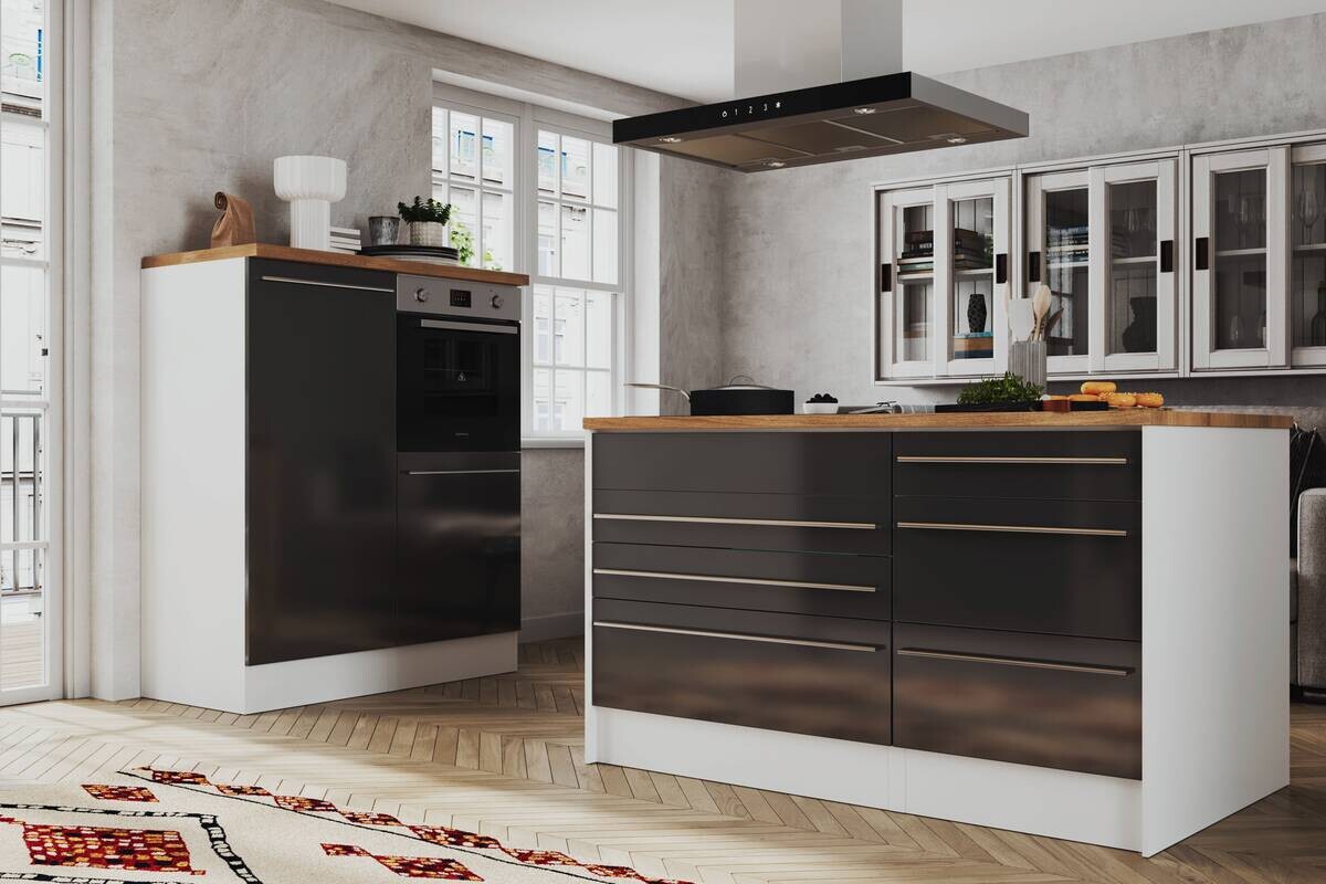 Respekta Inselküche Gabriel grau Hochglanz B/H/T: ca. 320x91x60 cm