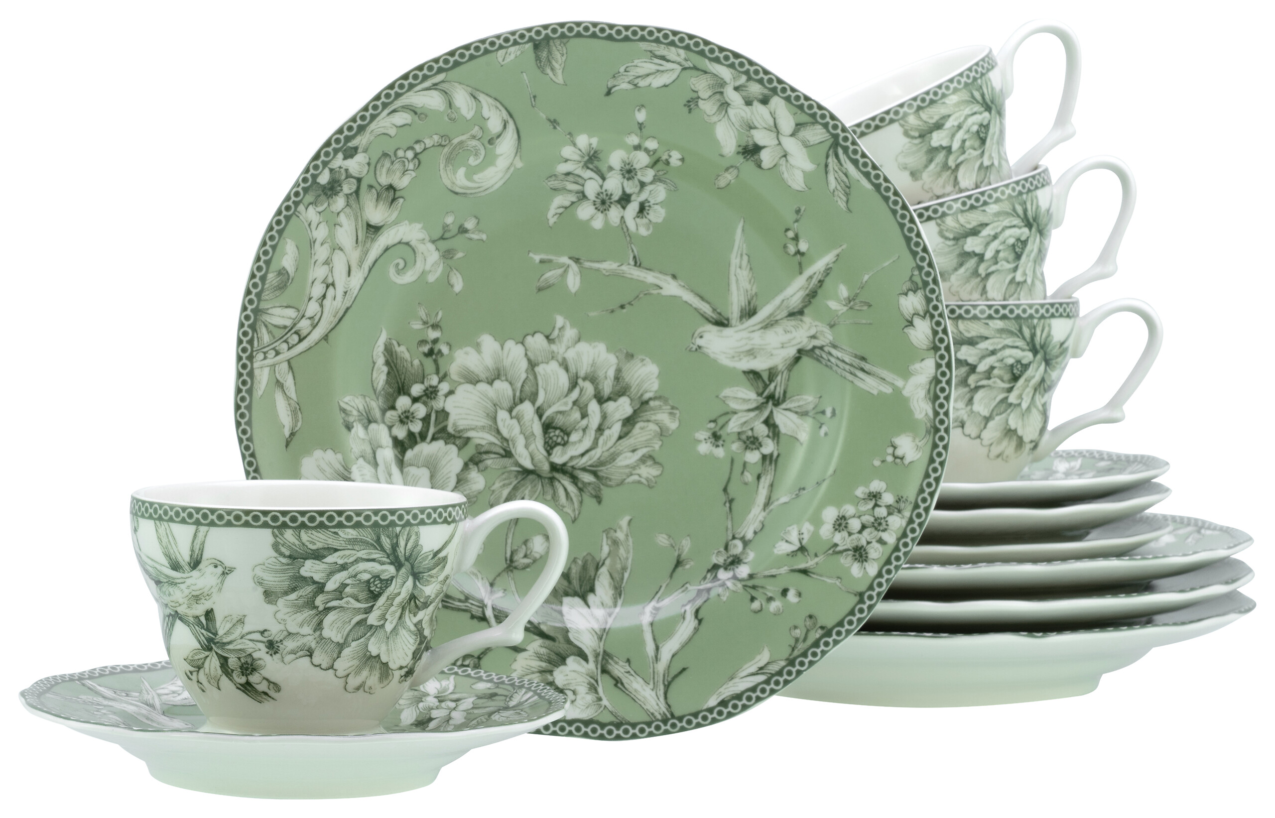 CreaTable Kaffeeservice Adelaide Grün weiß Porzellan 12 tlg.