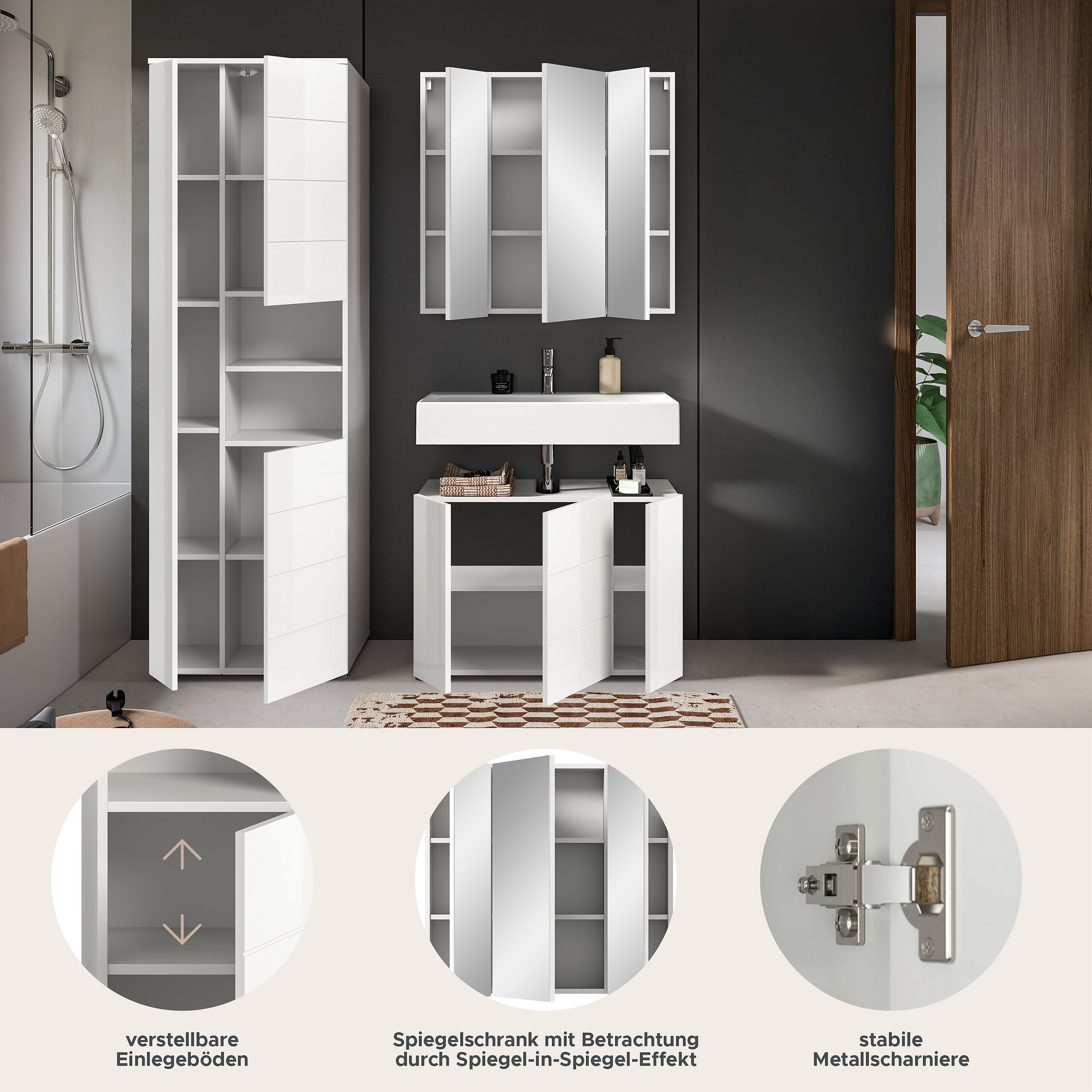 Badezimmer-Set VIRA weiß weiß Hochglanz B/H/T: ca. 157x190x34 cm