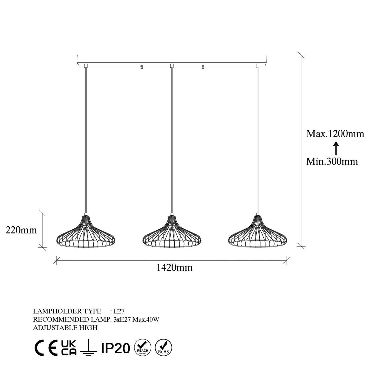 Opviq Pendelleuchte Depay-11260 schwarz Metall B/H/T/L: ca. 148x120x36x148 cm E27 3 Brennstellen