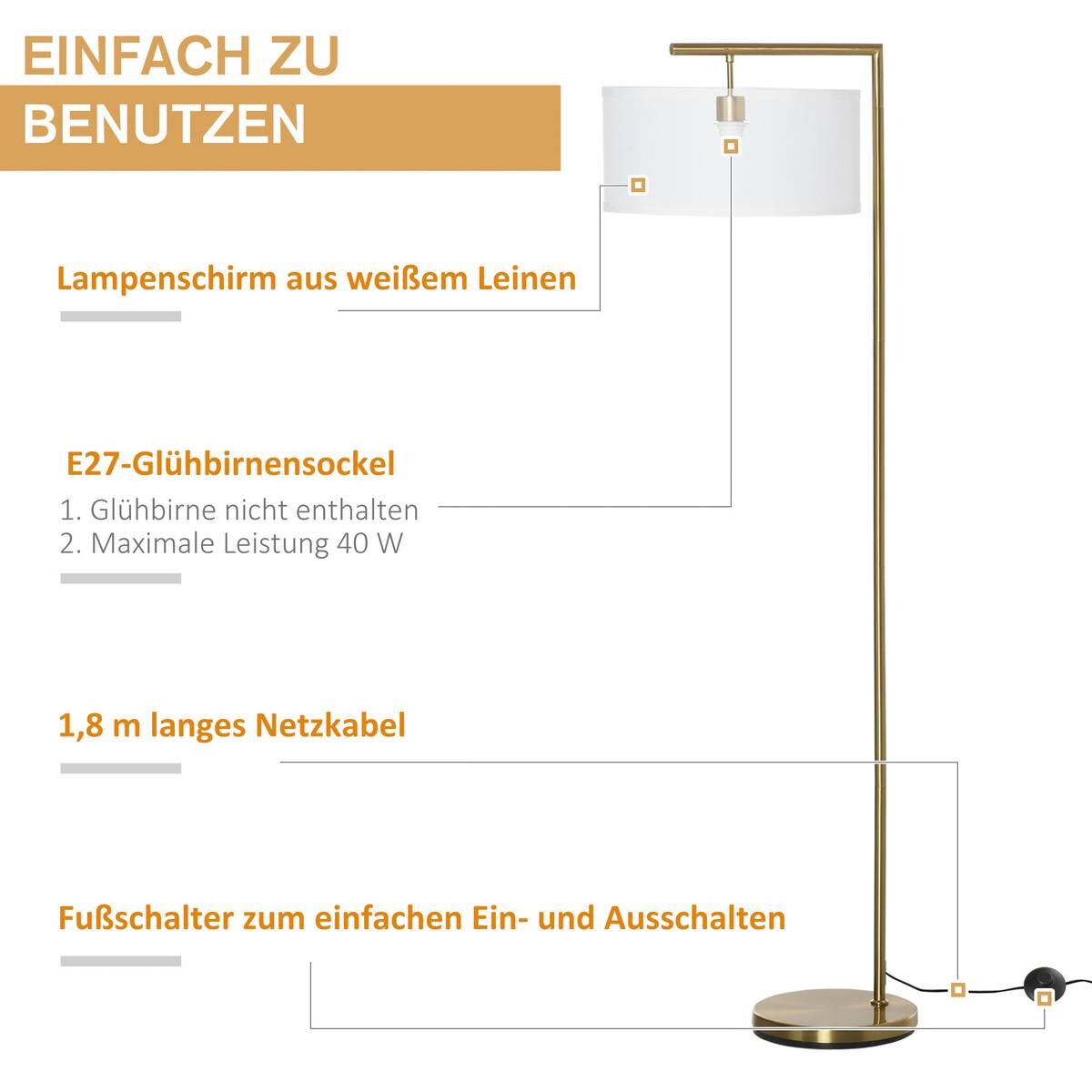 HOMCOM Stehleuchte weiß gold Stahl Leinen B/H/T: ca. 37x153x37 cm