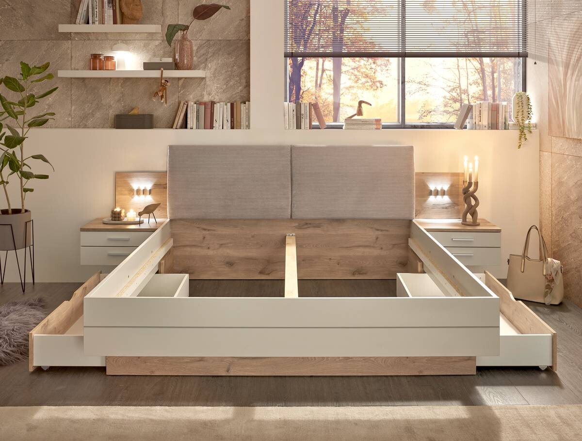 Bettanlage Moledo Eiche Viking Nachbildung hellgrau B/H/T: ca. 296x102x216 cm Liegefläche B/L: ca. 180x200 cm