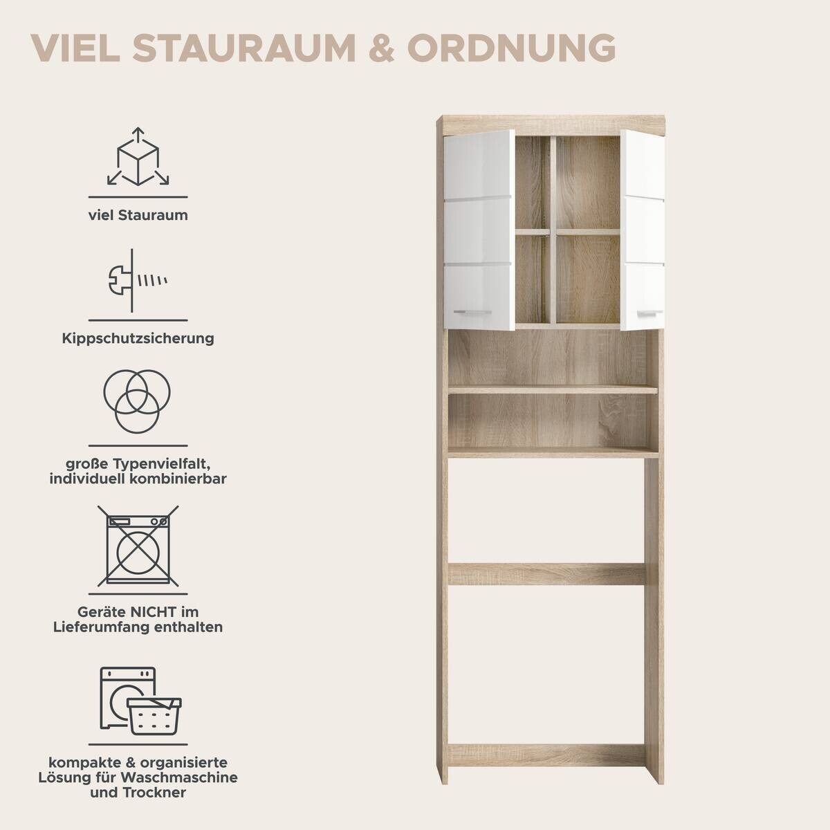 Waschmaschinenumbauschrank Lambada Eiche Sonoma Nachbildung weiß Hochglanz B/H/T: ca. 63x191x24 cm