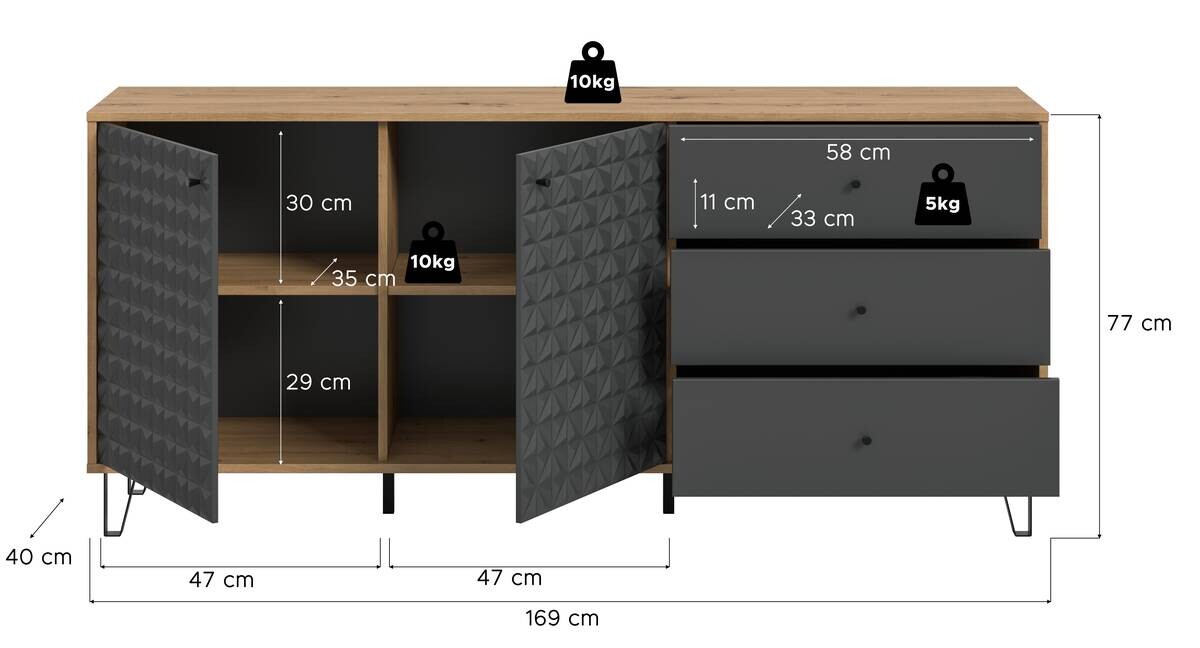 Sideboard PRISMA Artisan Oak Nachbildung anthrazit matt B/H/T: ca. 170x76x40 cm