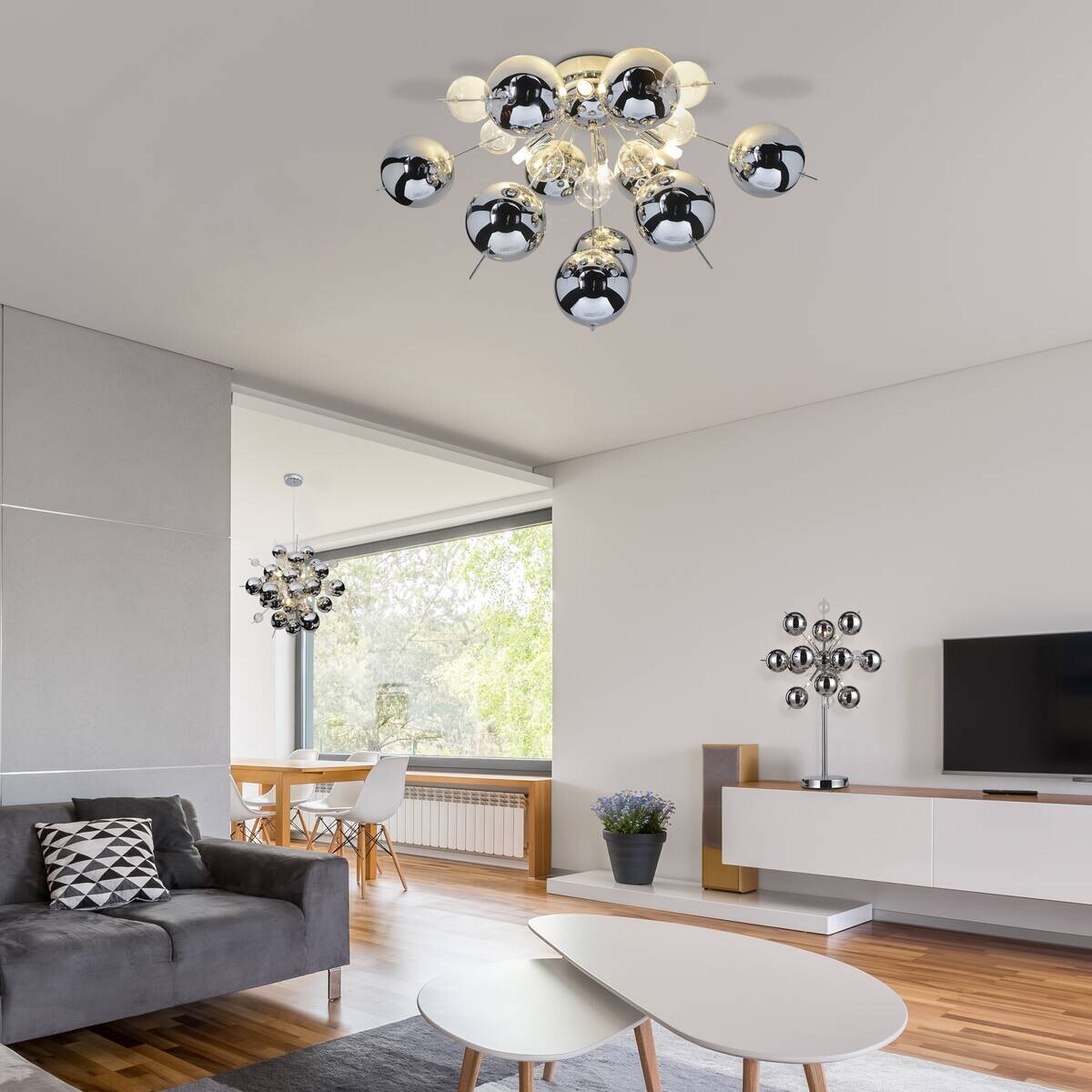 Näve Leuchten Pendelleuchte Chrom Glas Metall B/H/T/D: ca. 65x193x65x65 cm G9 10 Brennstellen