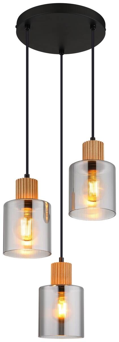 GLOBO Pendelleuchte schwarz dunkelbraun Rauch Glas Holz Metall H/D: ca. 120x30 cm E27 3 Brennstellen