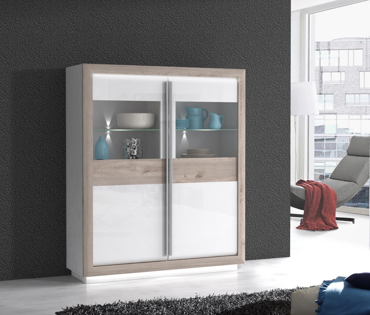 Vitrine weiß Eiche Nelson Nachbildung weiß Hochglanz B/H/T: ca. 133x161,8x53 cm