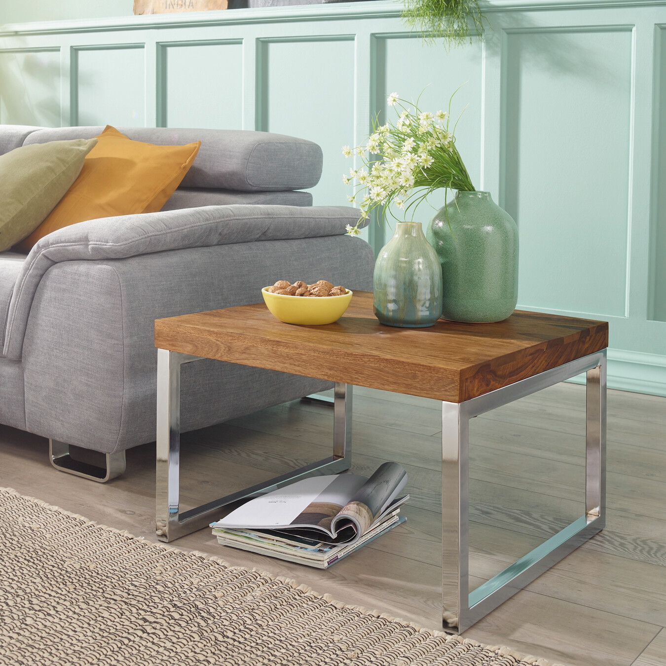 Beistelltisch natur Chrom verchromt Echtholz Metall B/H/T: ca. 60x40x60 cm