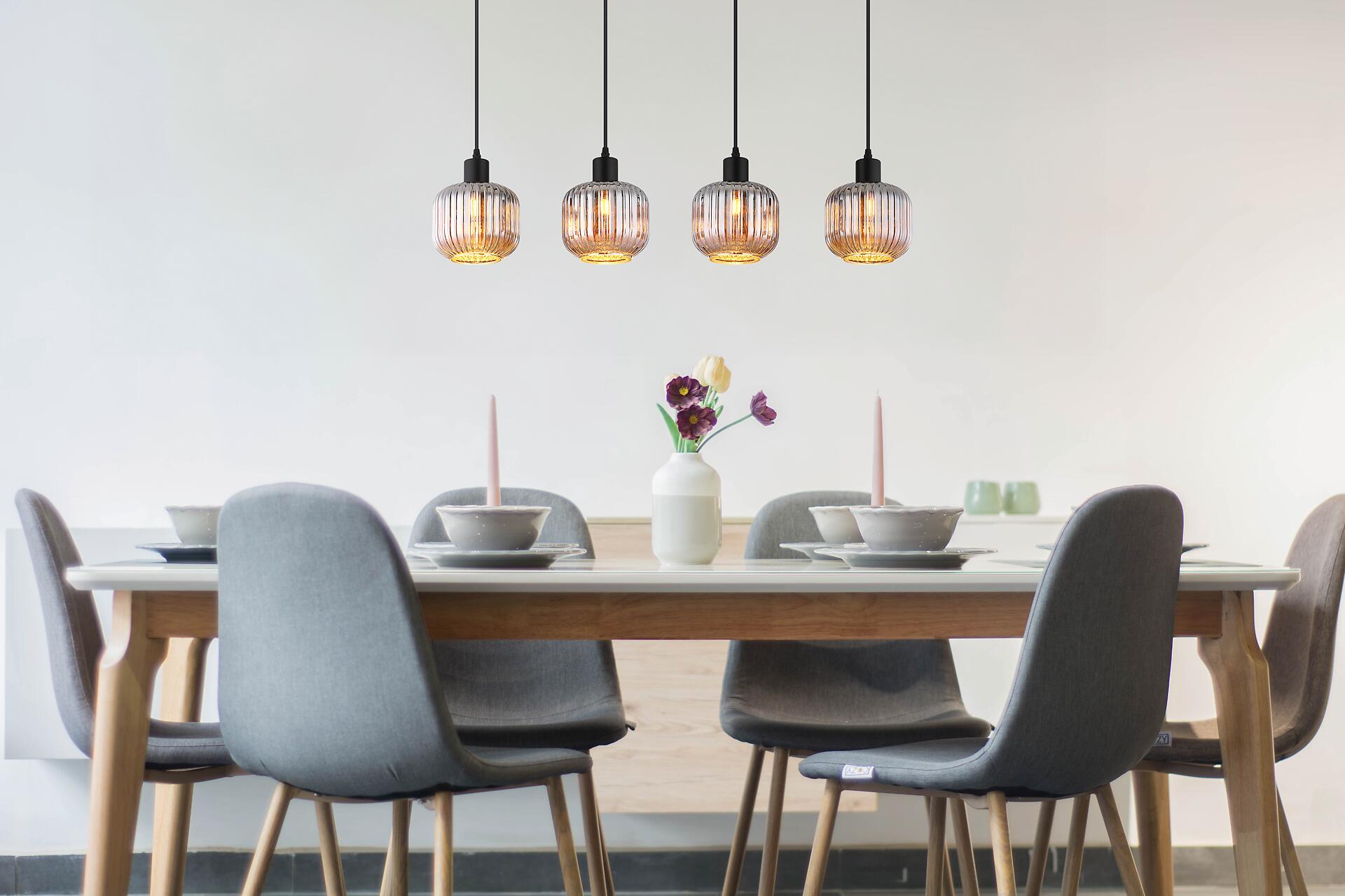 GLOBO Pendelleuchte Tom schwarz Rauch Metall Glas B/H/L: ca. 80,8x120x15 cm E14 4 Brennstellen