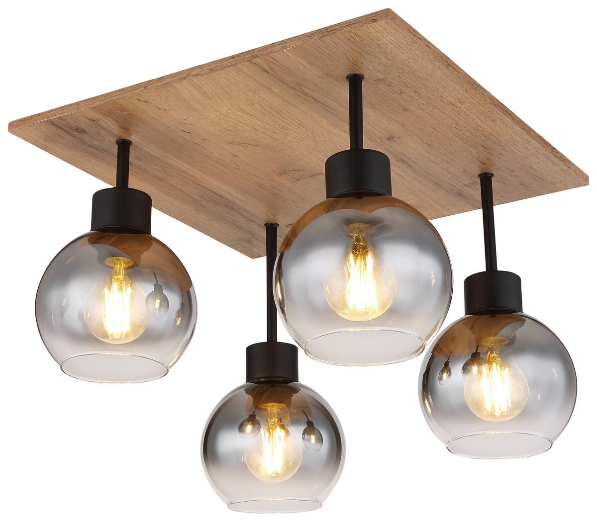 GLOBO Deckenleuchte 15656-4D schwarz natur Rauch Metall MDF Glas B/H/L: ca. 40x33,5x40 cm E27 4 Brennstellen