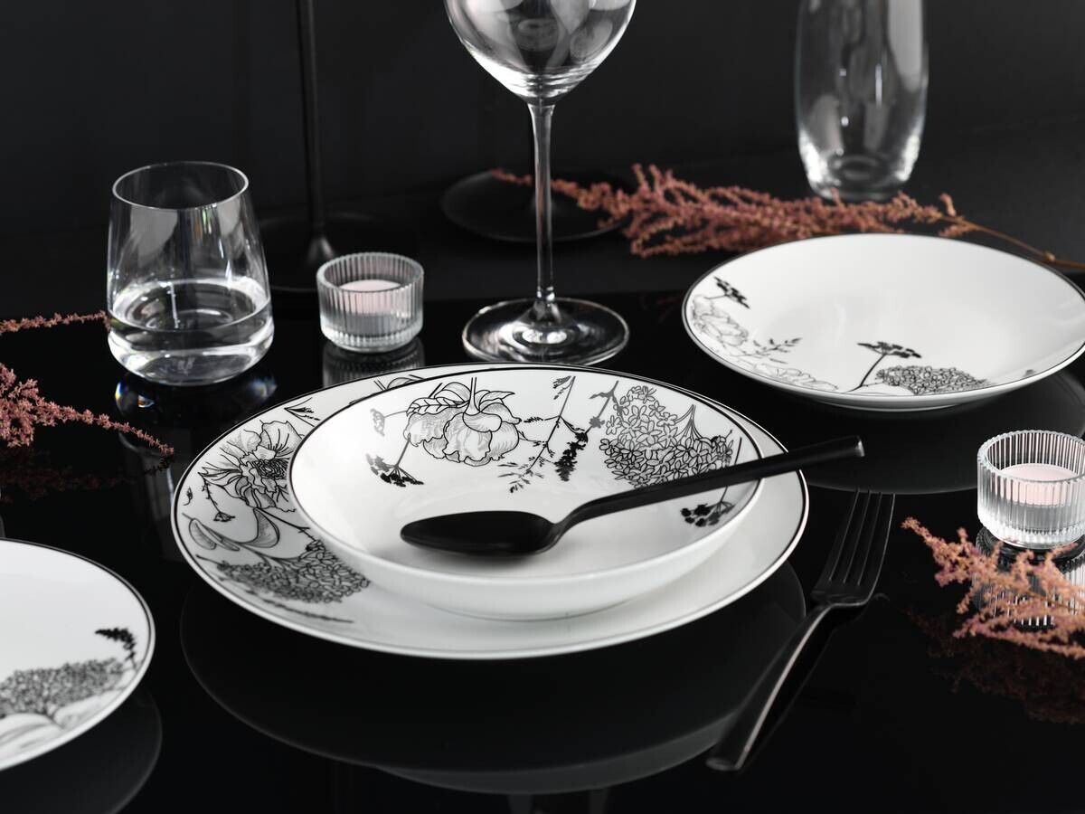 CreaTable Tafelservice Luna Black Flower weiß Porzellan 18 tlg.