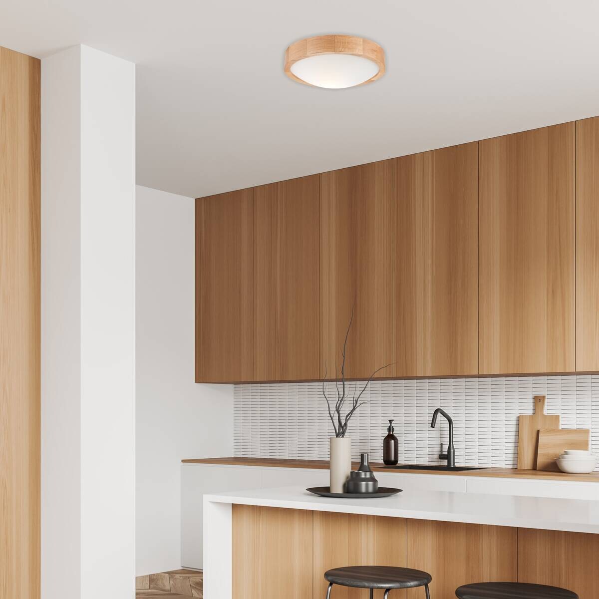 Lamkur Deckenleuchte Anello Eiche Glas Holz H/L: ca. 8x27 cm E27 1 Brennstellen