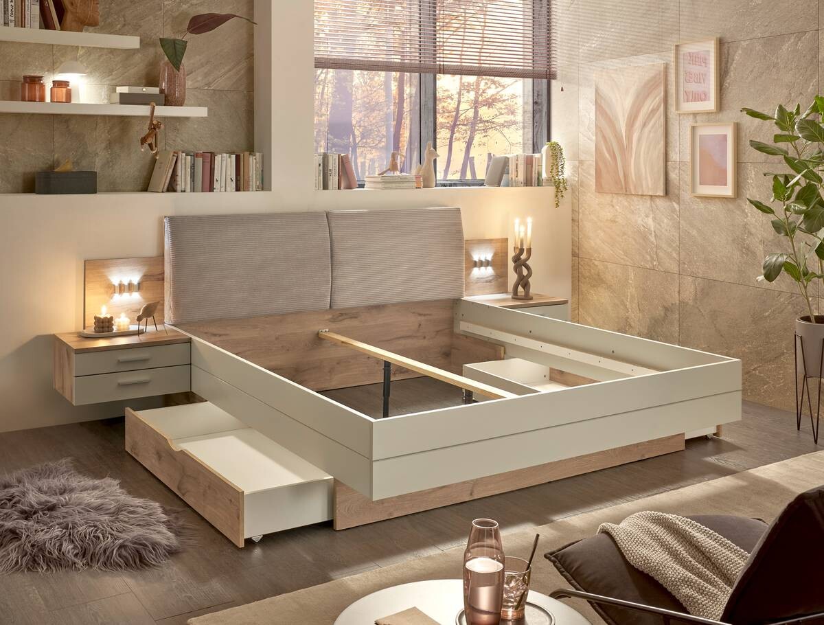 Bettanlage Moledo Eiche Viking Nachbildung hellgrau B/H/T: ca. 296x102x216 cm Liegefläche B/L: ca. 180x200 cm