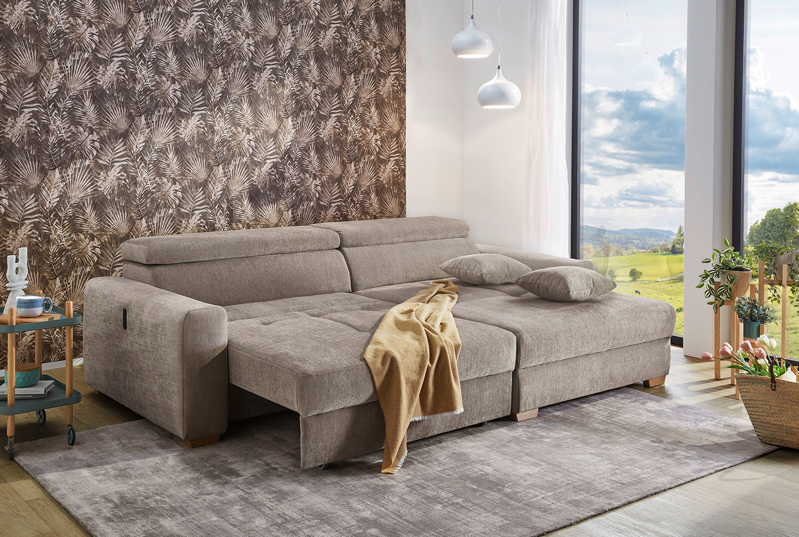 Ecksofa mit elektrischer XXL Sitztiefenverstellung taupe Flachgewebe B/H/T: ca. 277x109x187 cm