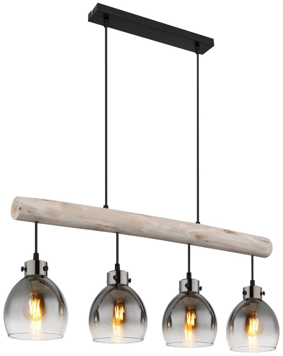 GLOBO Pendelleuchte Ryan Rauch natur schwarz Holz Glas Metall B/H/T: ca. 15x140x82,5 cm E27 4 Brennstellen