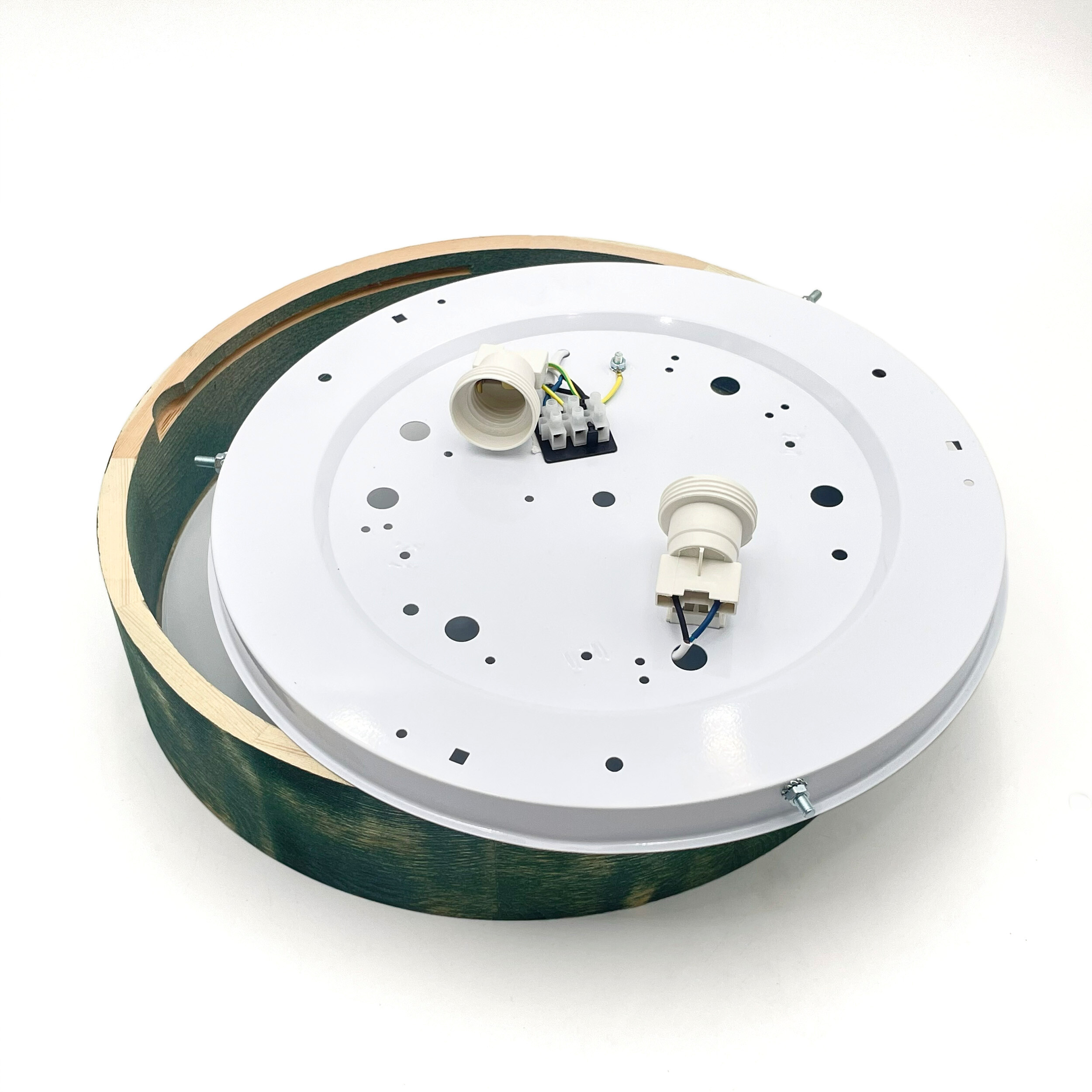 Lamkur Deckenleuchte grün hellbraun Holz Glas B/H/L: ca. 38x38x10 cm 2 Brennstellen