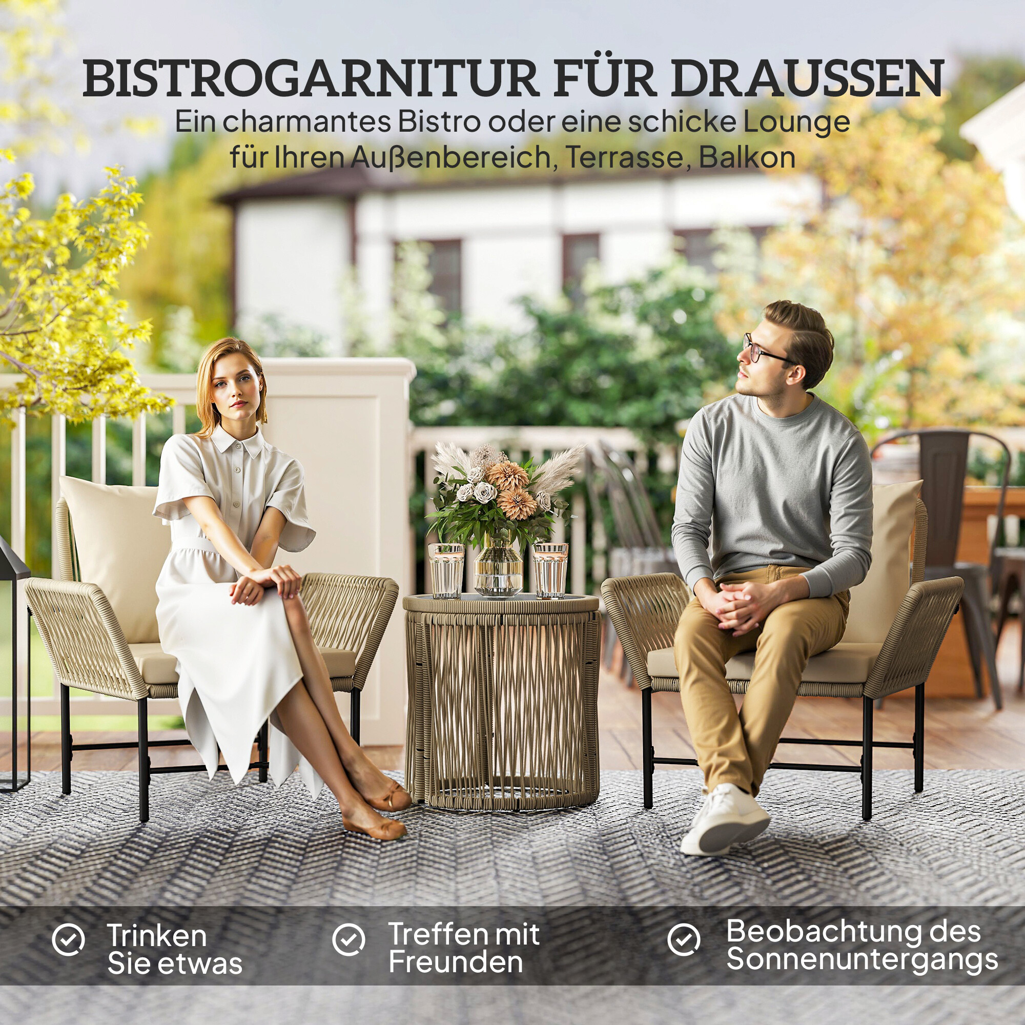 Outsunny Rattan Gartenmöbel-Set khaki Polyethylen B/H/L: ca. 74x79x80 cm