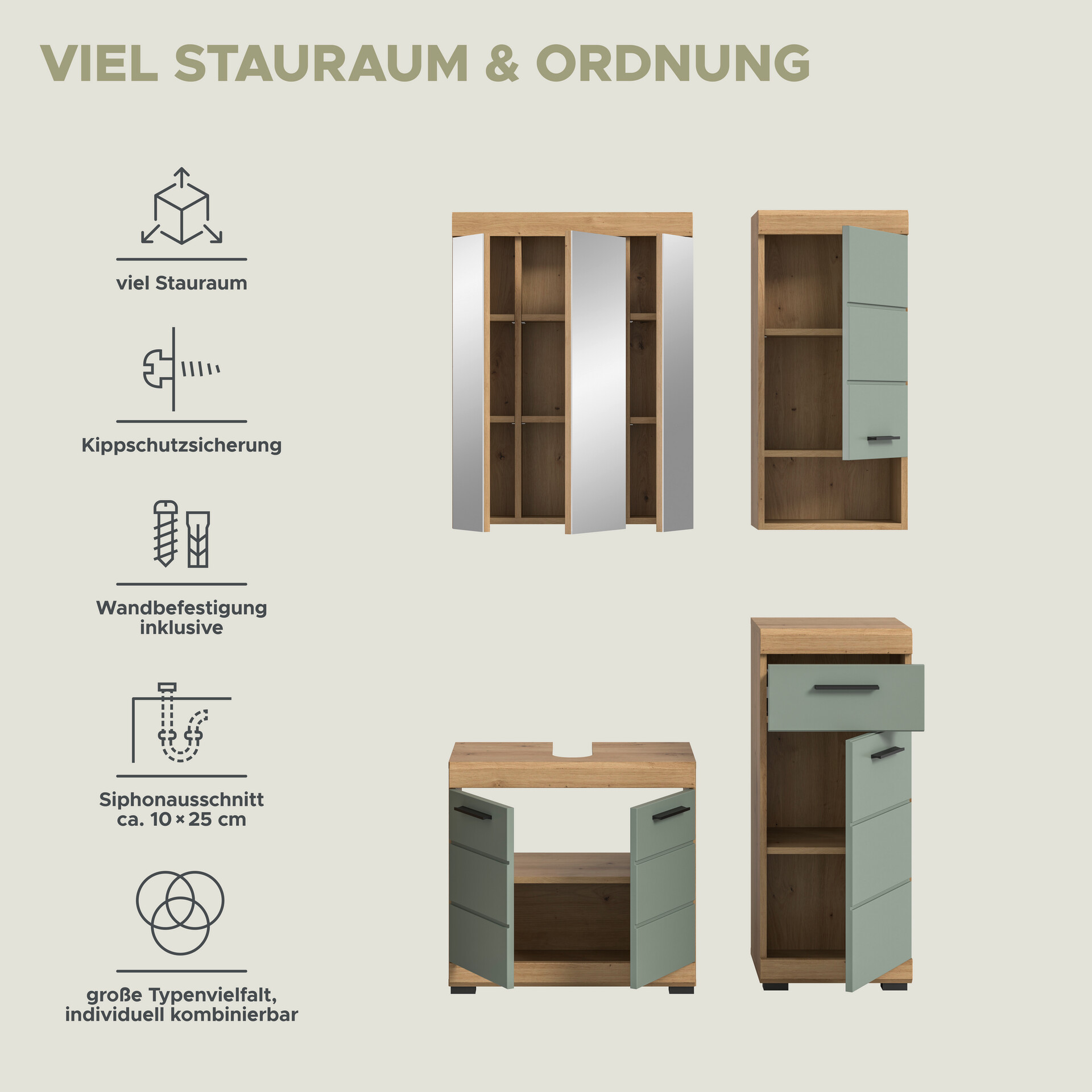 Badezimmer-Set Scout Eiche Artisan Nachbildung salbei Nachbildung B/H/T: ca. 112x191x34 cm