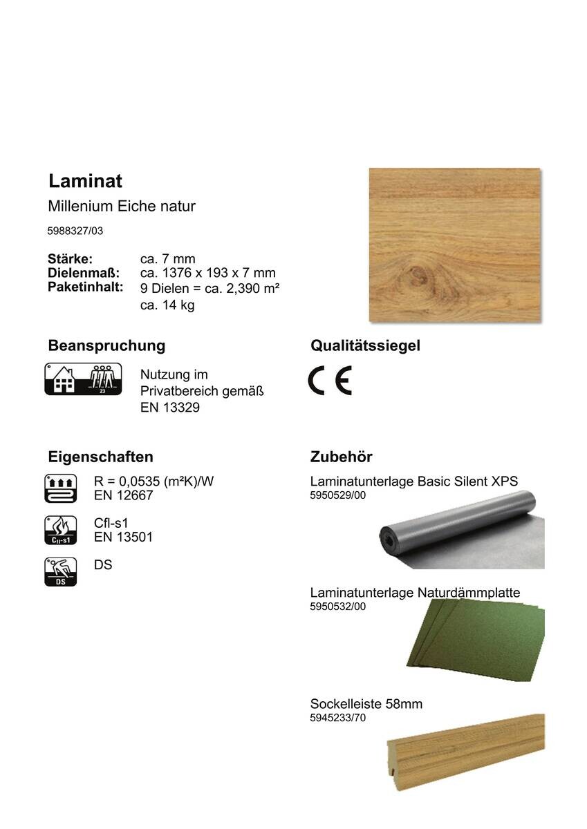 Laminatboden Millenium ca. 2,39 m² im Paket  B/L: ca. 19,3x137,9 cm pro Paket