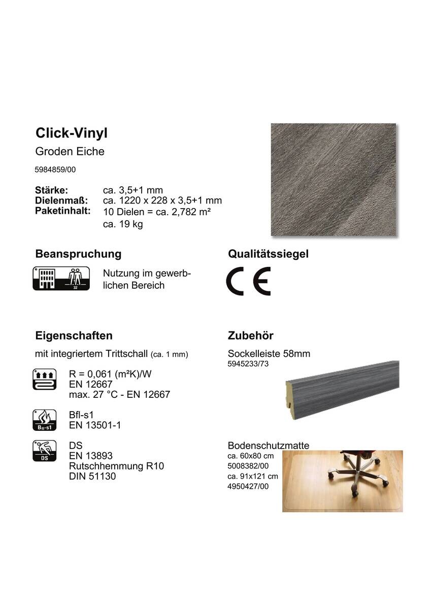 Click-Vinylboden Groden ca. 2,782 m² im Paket  B/L: ca. 22,8x122 cm pro Paket