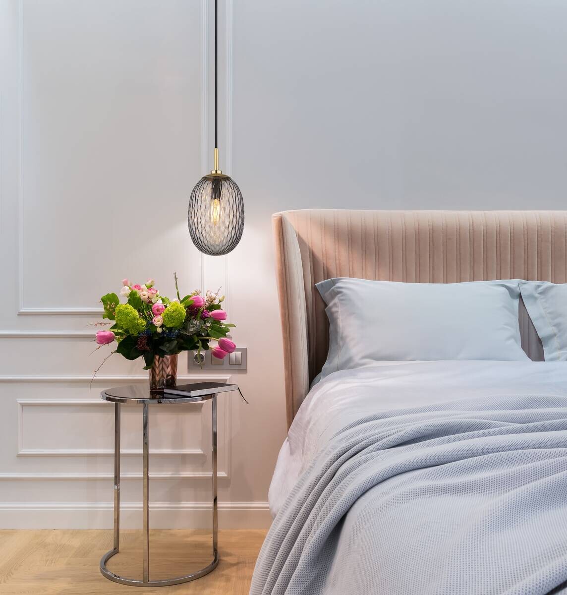 GLOBO Pendelleuchte Rauch schwarz gold Textil Glas Metall H/D: ca. 120x15 cm E14 1 Brennstellen