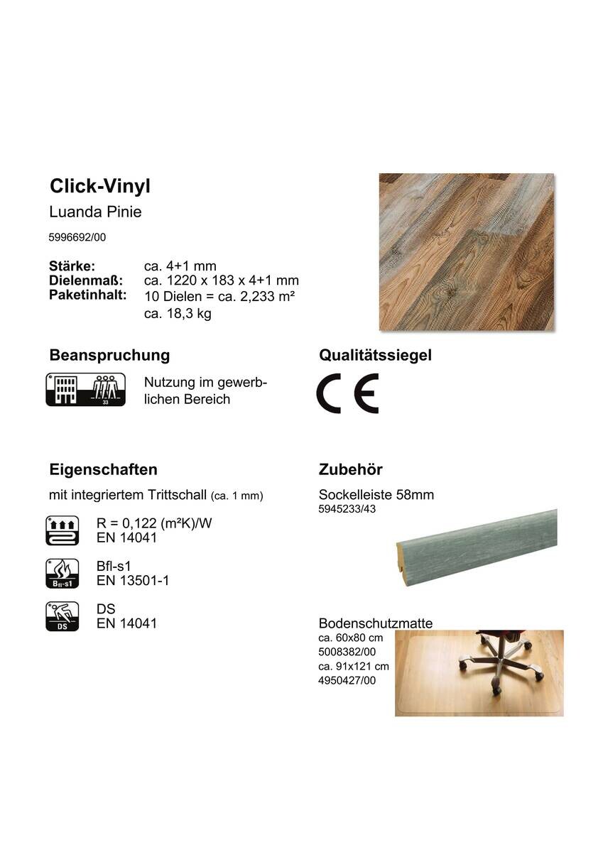 Click-Vinylboden Luanda ca. 2,233 m² im Paket  B/L: ca. 18,3x122 cm pro Paket