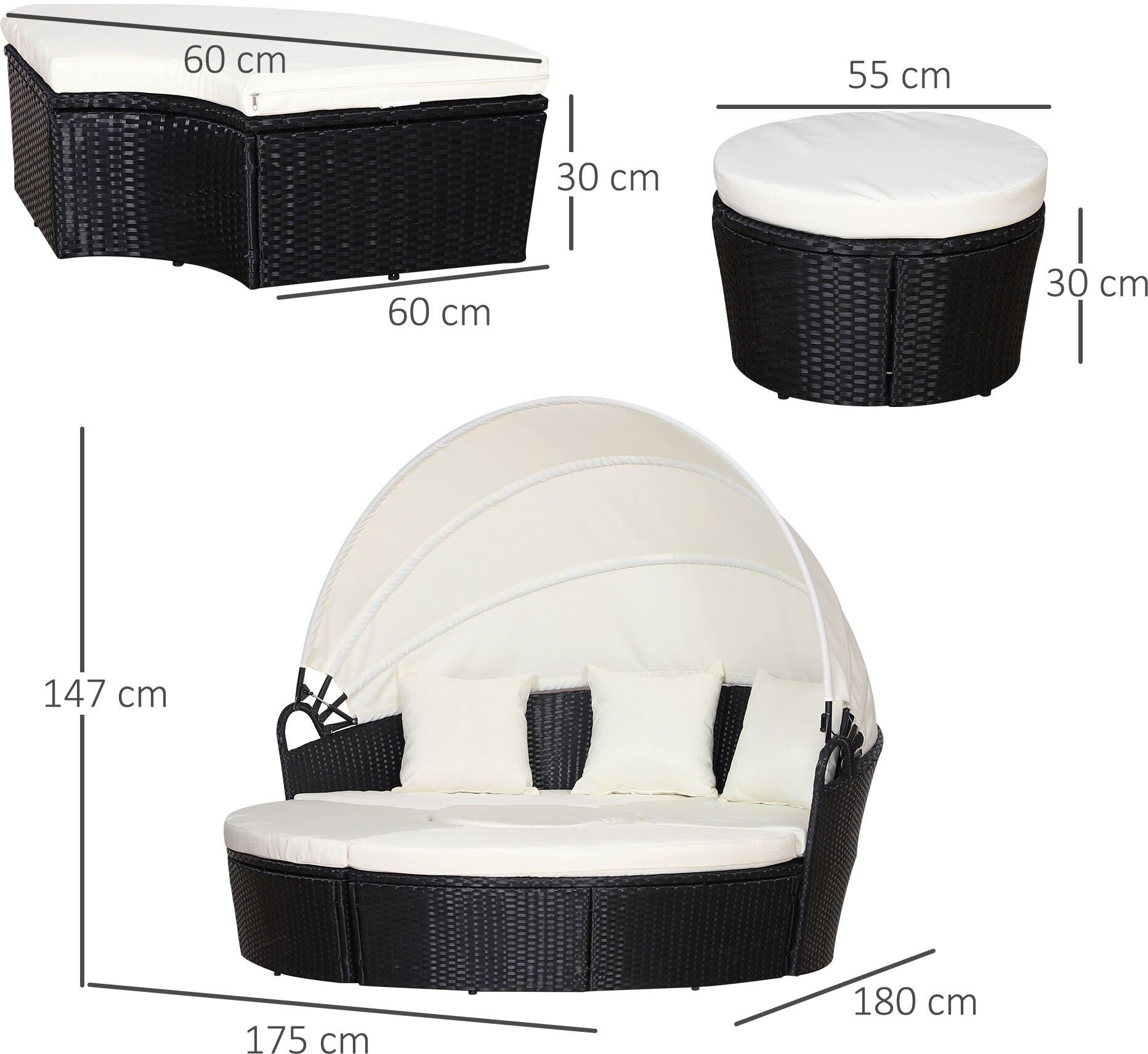 Outsunny Sonneninsel schwarz Polyrattan B/H/T: ca. 175x147x180 cm