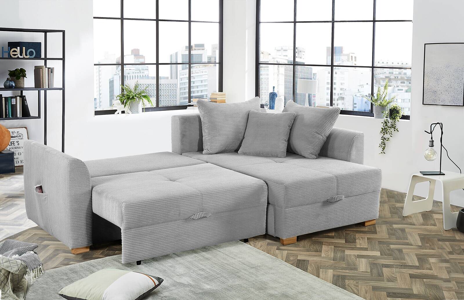 Ecksofa mit Bettfunktion und Bettkasten hellgrau B/H/T: ca. 236x81x160 cm