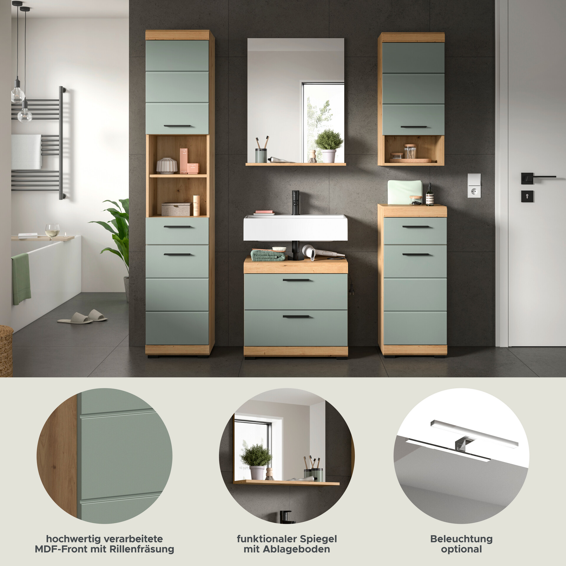 Badezimmer-Set Scout Eiche Artisan Nachbildung salbei Nachbildung B/H/T: ca. 164x191x37 cm