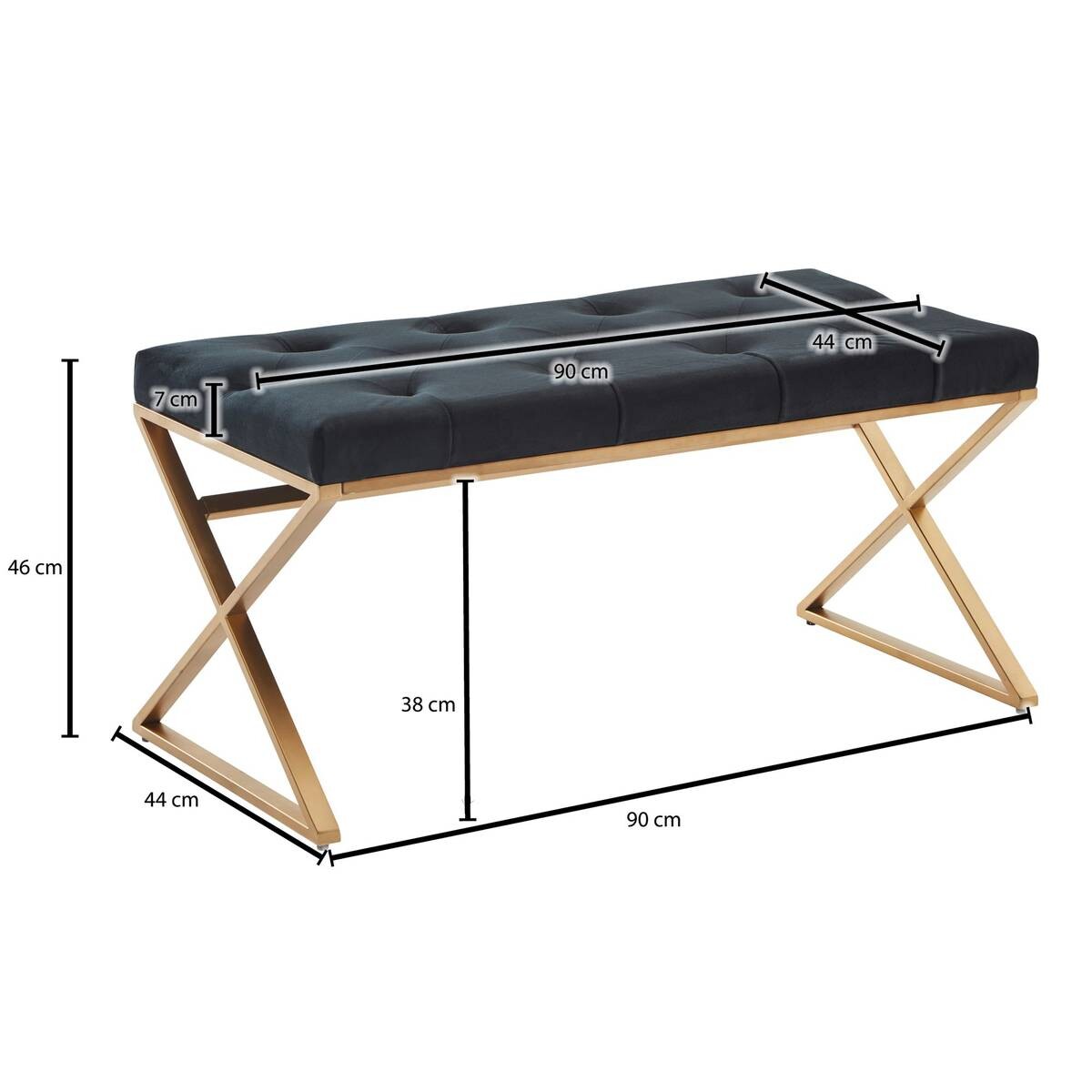 Sitzbank schwarz gold lackiert Edelstahl Samt B/H/T: ca. 90x46x44 cm