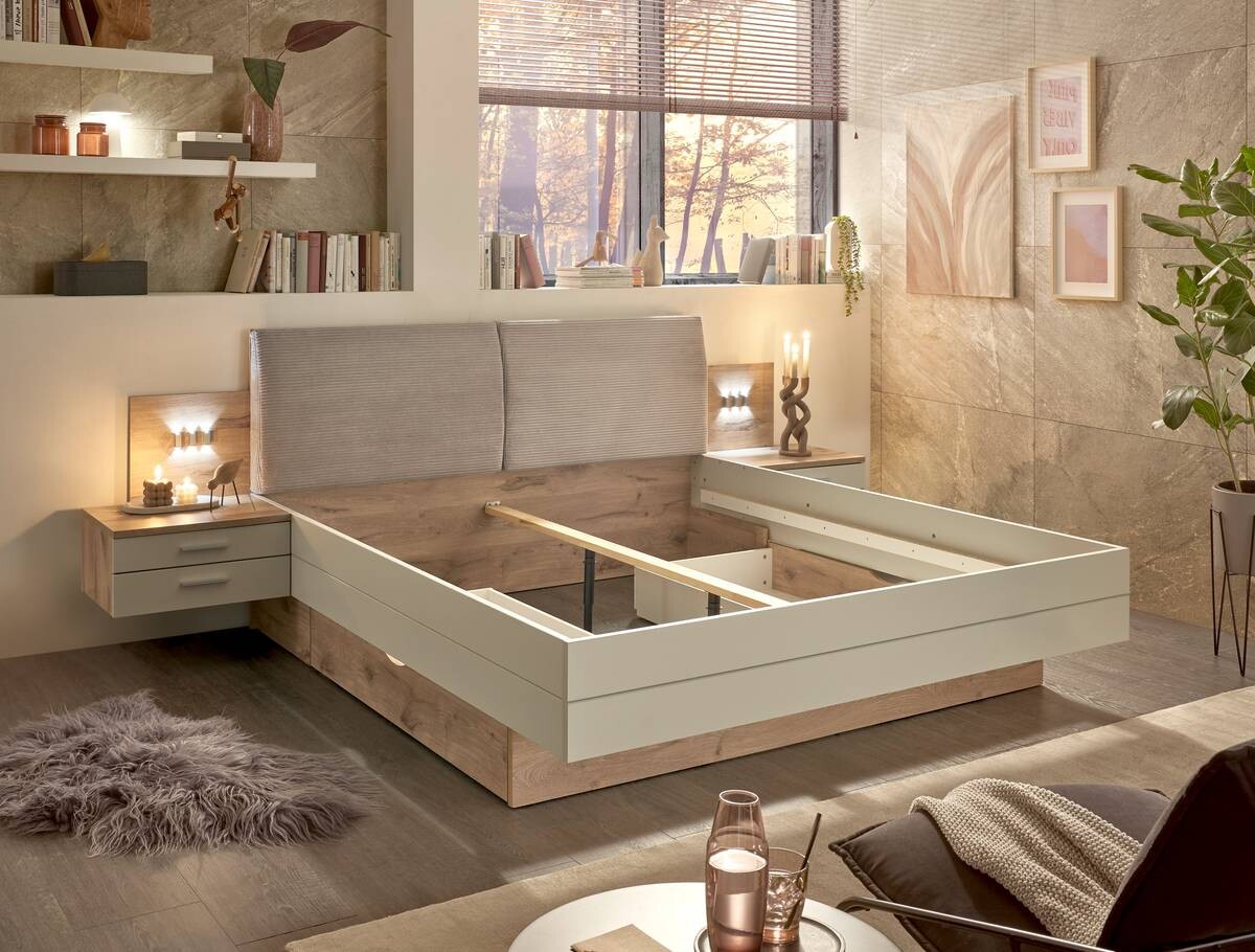 Bettanlage Moledo Eiche Viking Nachbildung hellgrau B/H/T: ca. 296x102x216 cm Liegefläche B/L: ca. 180x200 cm