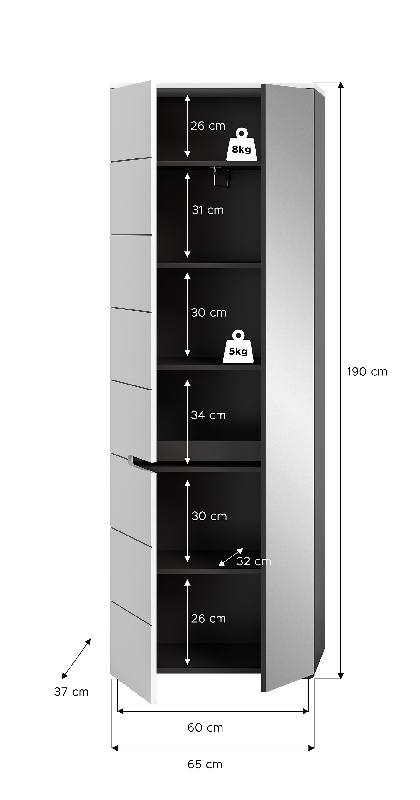 Garderobenschrank Canu basaltgrau Nachbildung weiß B/H/T: ca. 65x190x37 cm