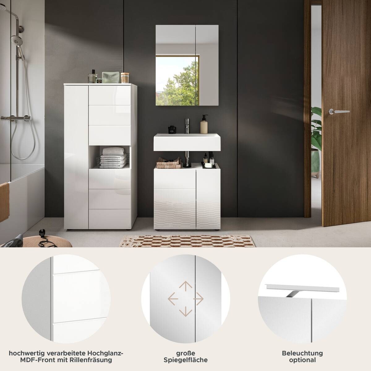 Badezimmer-Set VIRA weiß weiß Hochglanz B/H/T: ca. 135x190x34 cm