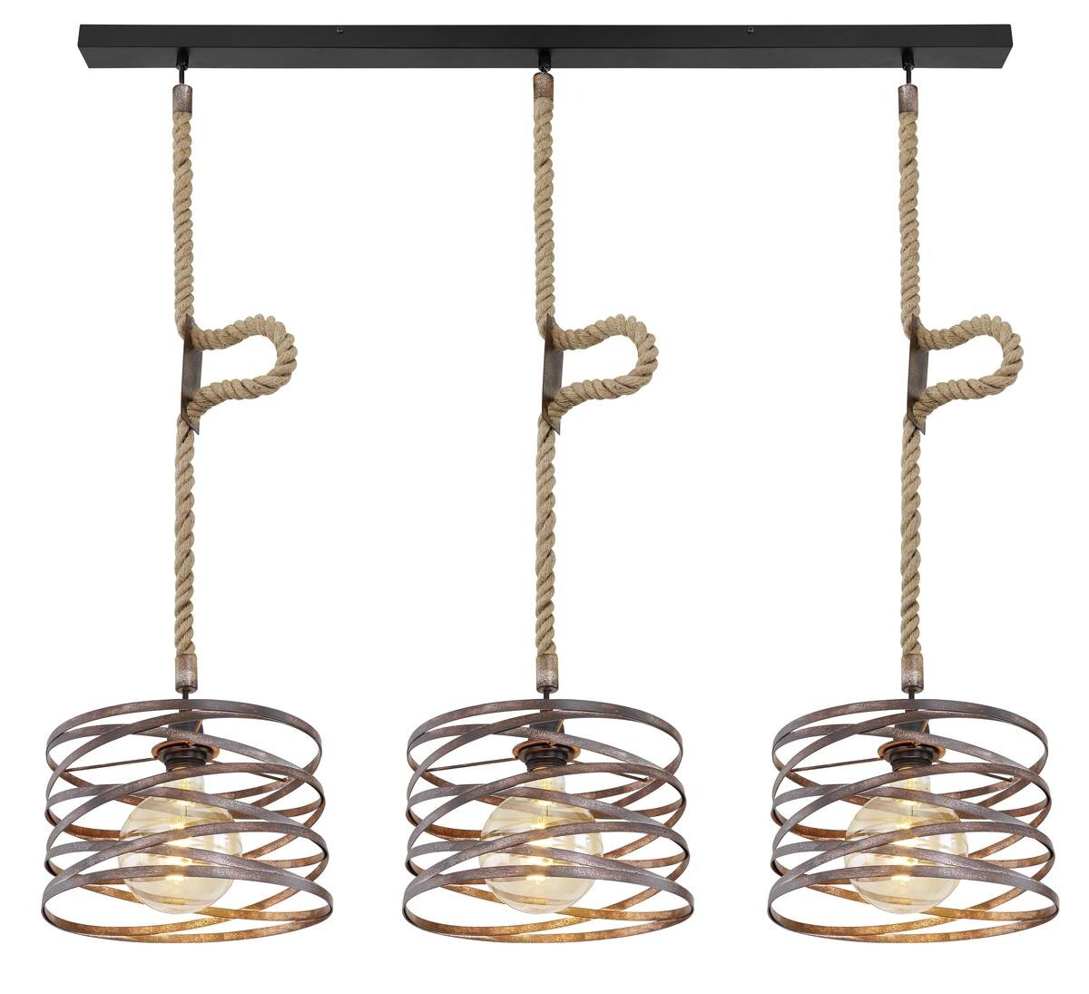 GLOBO Pendelleuchte MARCO 15641-3H schwarz rostfarbig Metall Hanfseil B/H/L: ca. 28x120x115 cm 3.0 Brennstellen