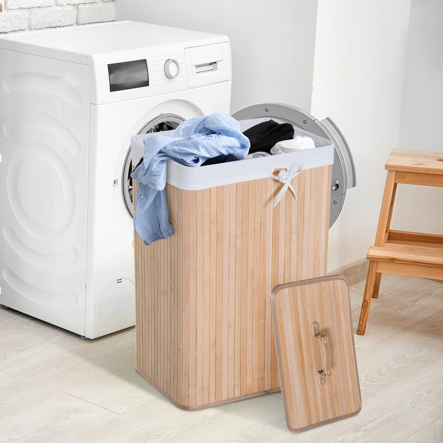 HOMCOM Wäschekorb mit 2 Tragegriffen natur Bambus Stoff Kunststoff B/H/L: ca. 30x60x40 cm
