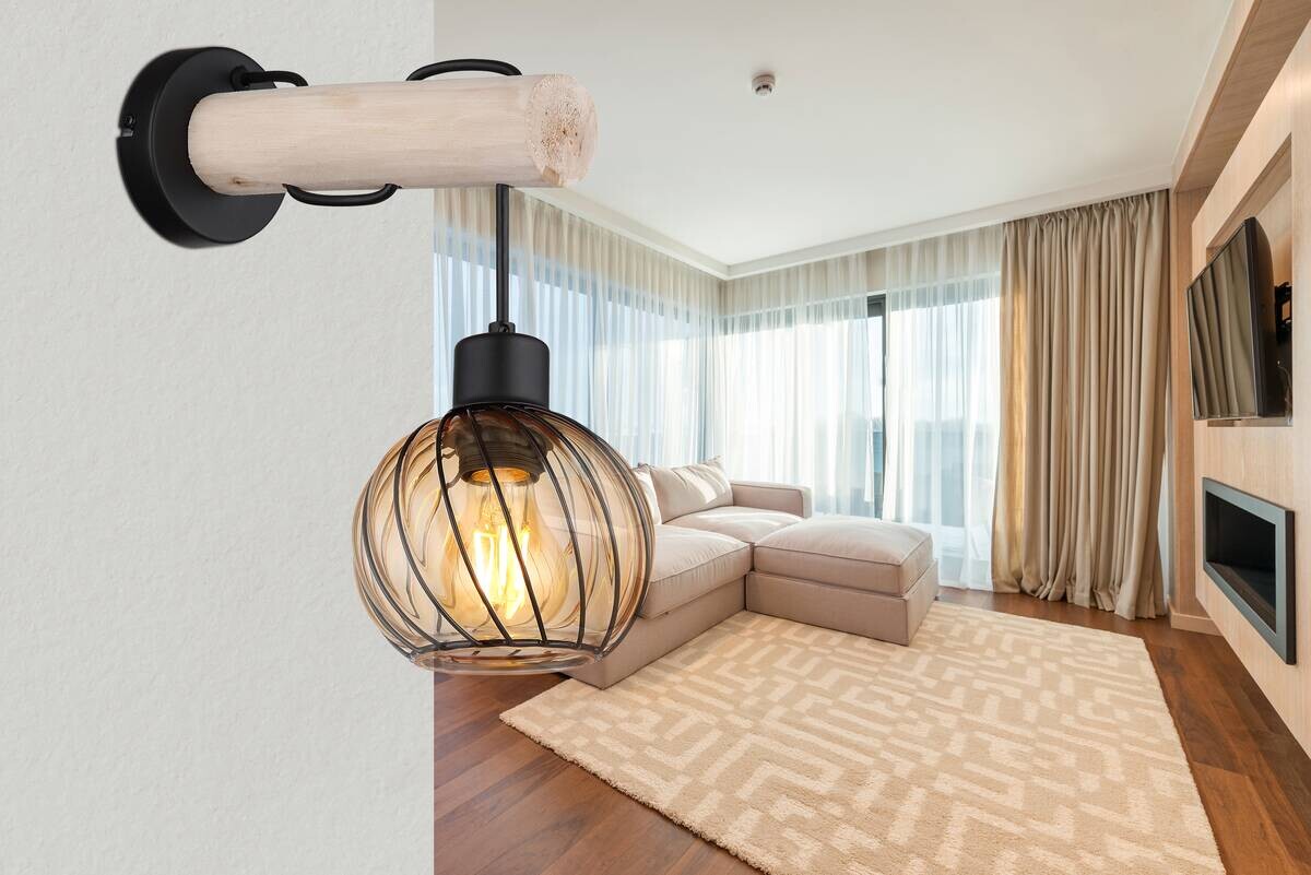 GLOBO Wandleuchte amber schwarz Metall Glas B/H: ca. 13x30 cm E27 1 Brennstellen