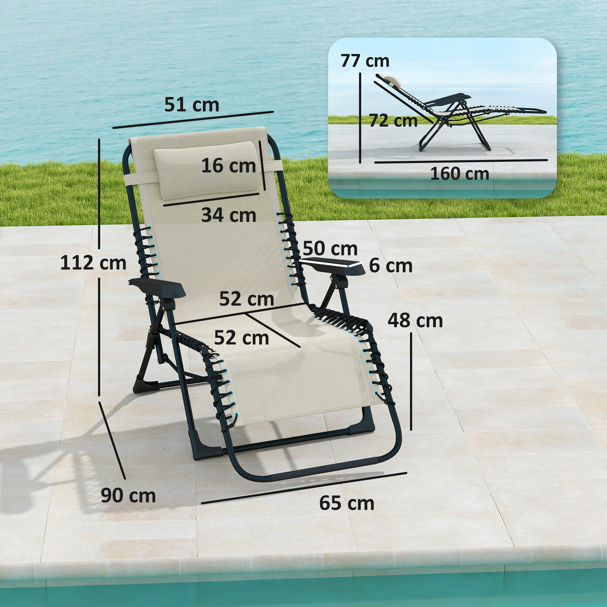 Outsunny Sonnenliege beige Netzstoff B/H/L: ca. 65x112x90 cm